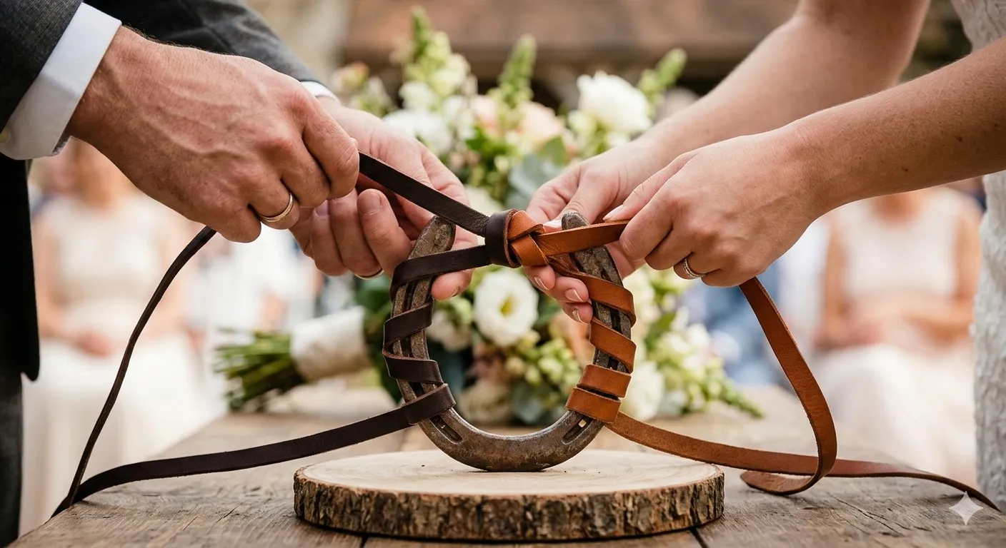 Brautpaar knotet gemeinsam Lederbänder um ein Hufeisen während der freien Trauung