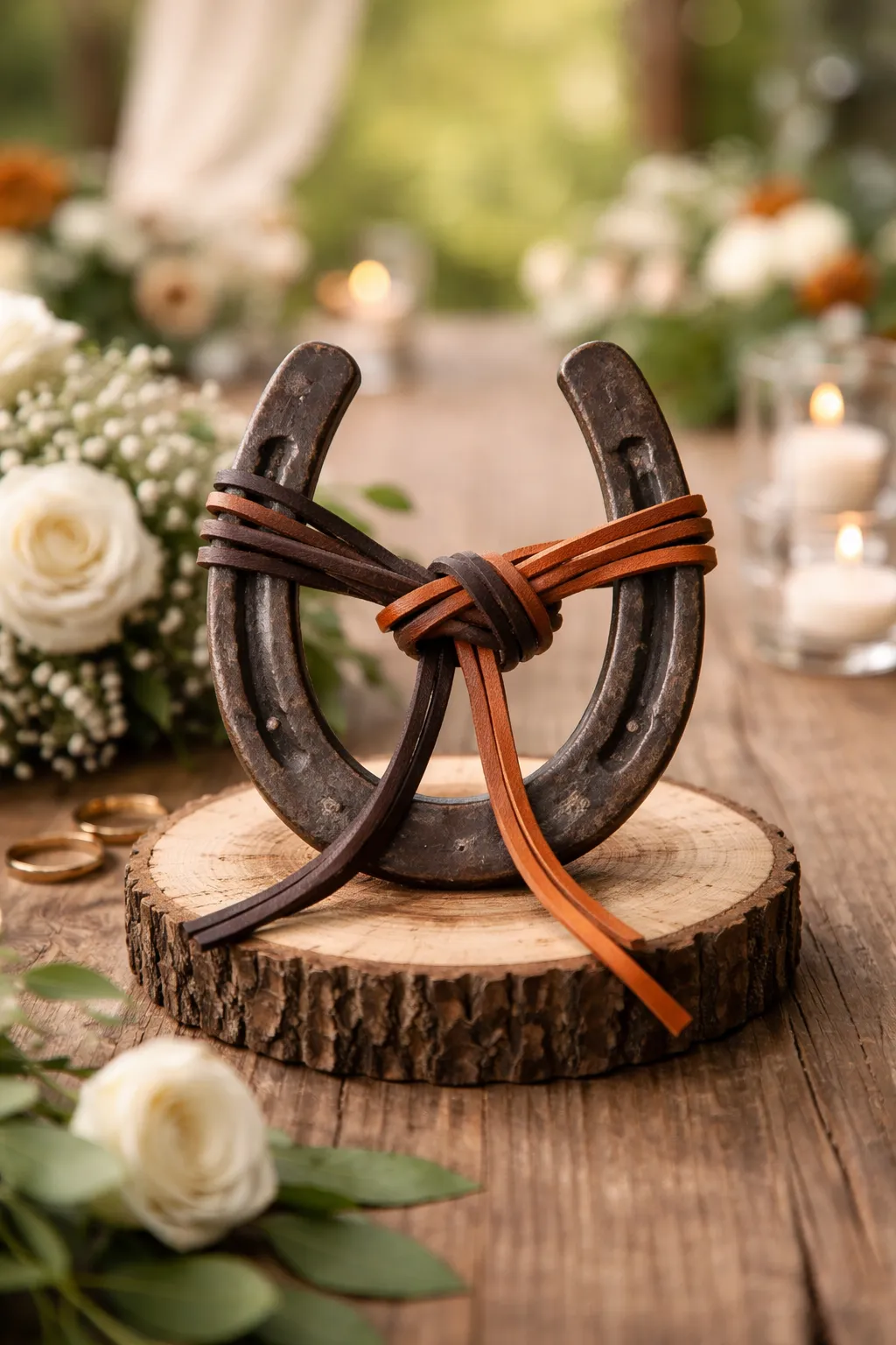 Glückshuf-Ritual — Hufeisen mit Lederbändern auf einer Baumscheibe